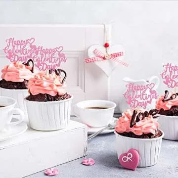 36 PCS Happy Galentine's Day Cupcake Toppers Glitter Sweet Love Valentine Cupcake Picks Valentine's Day Theme Birthday Party Cake Decorations Supplies Pink