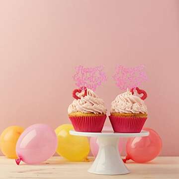 36 PCS Happy Galentine's Day Cupcake Toppers Glitter Sweet Love Valentine Cupcake Picks Valentine's Day Theme Birthday Party Cake Decorations Supplies Pink