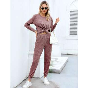 SWOMOG Lounge Sets for Women 2 Piece Outfits Sweatpants Ribbed Knit Long Sleeve Loungewear Pajama Set with Pockets