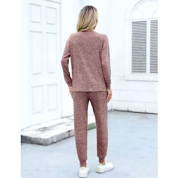 SWOMOG Lounge Sets for Women 2 Piece Outfits Sweatpants Ribbed Knit Long Sleeve Loungewear Pajama Set with Pockets