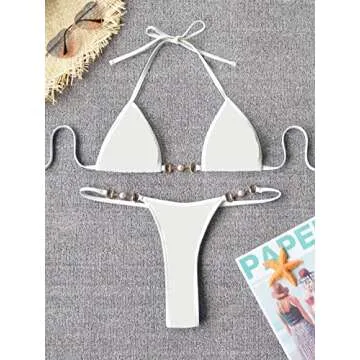 TASHEHE Women's Triangle Thong Bikini Set Sexy String Brazillian Two Piece Swimsuit Cute Bathing Suit - Solid White - Small