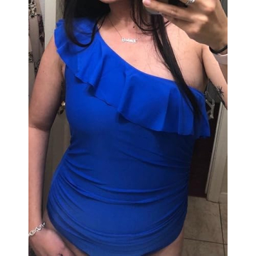 Hilor Women's One Piece Swimsuits One Shoulder Swimwear Asymmetric Ruffle Monokinis Bathing Suits Royal Blue 10