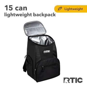 RTIC Lightweight Backpack Cooler, Black, 15 Can, Portable Insulated Bag, for Men& Women, Great for Day Trips, Picnics, Camping, Hiking, Beach, or Park