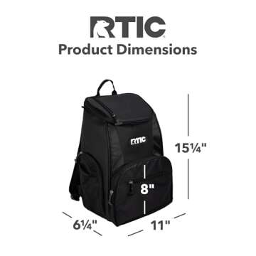 RTIC Lightweight Backpack Cooler, Black, 15 Can, Portable Insulated Bag, for Men& Women, Great for Day Trips, Picnics, Camping, Hiking, Beach, or Park