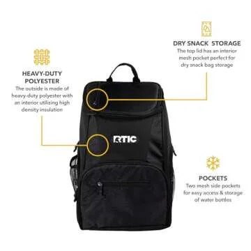 RTIC Lightweight Backpack Cooler, Black, 15 Can, Portable Insulated Bag, for Men& Women, Great for Day Trips, Picnics, Camping, Hiking, Beach, or Park