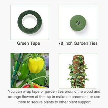 GROWNEER 36 Packs 17 Inches Green Wood Plant Stakes Wooden Floral Support Garden Sticks with Tape and 78 Inches Garden Ties for Wedding Holiday Décor Gift DIY