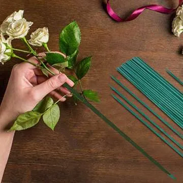 GROWNEER 36 Packs 17 Inches Green Wood Plant Stakes Wooden Floral Support Garden Sticks with Tape and 78 Inches Garden Ties for Wedding Holiday Décor Gift DIY