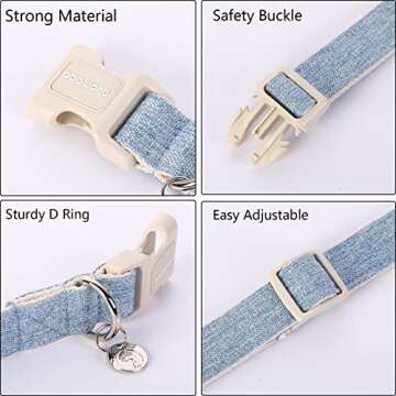 DOGWONG Cotton Hemp Dog Collar, Heavy-Duty Baby Blue Dog Collar Adjustable Soft Natural Fabric Pet D...