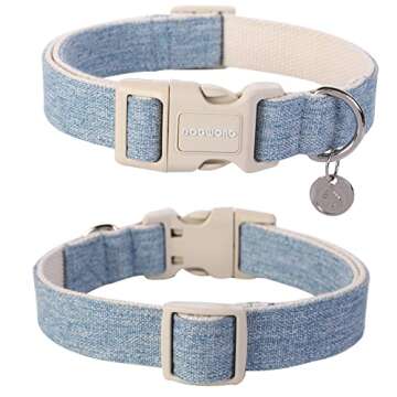 DOGWONG Cotton Hemp Dog Collar, Heavy-Duty Baby Blue Dog Collar Adjustable Soft Natural Fabric Pet Dog Collar Cute Wedding Puppy Necklace for Small Medium Large Dog