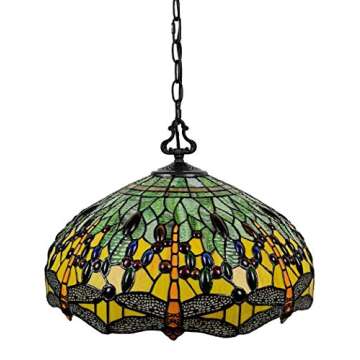 Tiffany Style Hanging Pendant Lamp Ceiling 18" Wide Stained Glass Shade Green Orange Dragonfly Antiq...