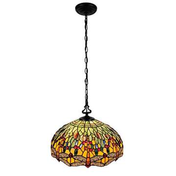 Tiffany Style Hanging Pendant Lamp Ceiling 18" Wide Stained Glass Shade Green Orange Dragonfly Antique Vintage 2 Light Decor Game Living Dining Room Kitchen Gift AM1027HL18B Amora Lighting