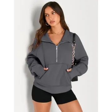 AUTOMET Womens Sweatshirts Half Zip Cropped Pullover Fleece Quarter Zipper Hoodies 2025 Fall Fashion Outfits Clothes DarkDrey Small