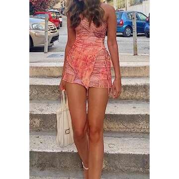 Women 2 Piece Outfits Rosette Floral Wrap-Chest Split Crop Tank Top and Bodycon High Waist Mini Skirt Set Tracksuit (B-Pink, S)