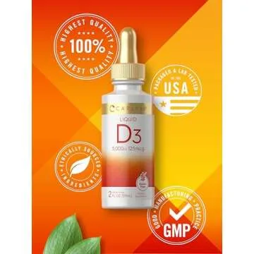 Carlyle Liquid Vitamin D3 | 5000 IU (125 mcg) | 2 Fl Oz | Vitamin D Drops for Adults | Vegetarian, Non-GMO, and Gluten Free Supplement