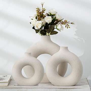 Ceramic Hollow Donut Vase Set of 3 for Pampas Grass | Neutral Modern Home Decor, Small Boho Minimali...