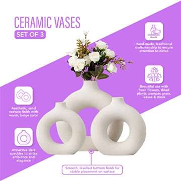 Ceramic Hollow Donut Vase Set of 3 for Pampas Grass | Neutral Modern Home Decor, Small Boho Minimalist Round White | Japandi Clay Beige Decorative for Bedroom, Living, Wedding, Office, Coffee Table
