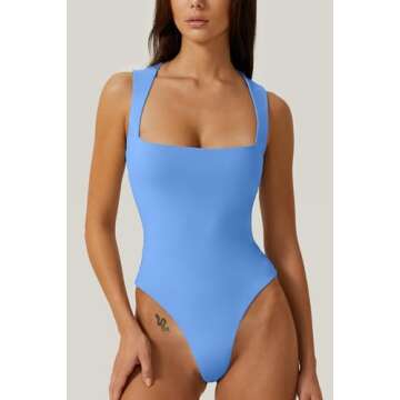 QINSEN Square Neck Bodysuit for Women Sleeveless Smooth Body Suits Top Light Blue S