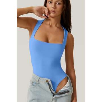 QINSEN Square Neck Bodysuit for Women Sleeveless Smooth Body Suits Top Light Blue S