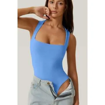 QINSEN Square Neck Bodysuit for Women Sleeveless Smooth Body Suits Top Light Blue S