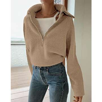 BTFBM Women’s Casual Long Sleeve Half Zip Pullover Sweaters Solid V Neck Collar Ribbed Knitted Loose Slouchy Jumper Tops(Light Khaki, X-Large)