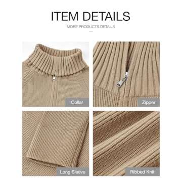 BTFBM Women’s Casual Long Sleeve Half Zip Pullover Sweaters Solid V Neck Collar Ribbed Knitted Loose Slouchy Jumper Tops(Light Khaki, X-Large)