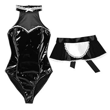iiniim Women's Metallic Leather French Maid Costume Sexy One-Piece Teddy Lingerie Fancy Dress Black XX-Large