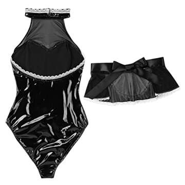iiniim Women's Metallic Leather French Maid Costume Sexy One-Piece Teddy Lingerie Fancy Dress Black XX-Large