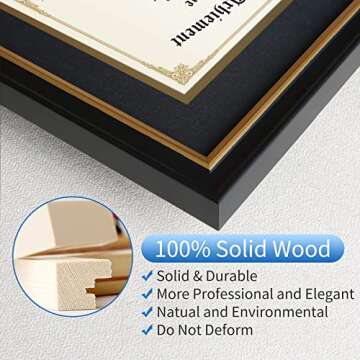 CREKERT Diploma Frame 11x14 Degree Frame Solid Wood Shatter-Resistant Glass for Documents Certificate Blackgold Frame 8.5x11 with Mat (Black Mat, 1 Pack)