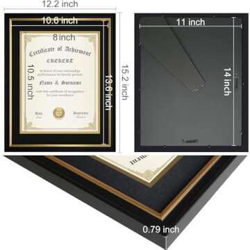 CREKERT Diploma Frame 11x14 Degree Frame Solid Wood Shatter-Resistant Glass for Documents Certificate Blackgold Frame 8.5x11 with Mat (Black Mat, 1 Pack)