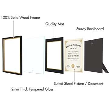 CREKERT Diploma Frame 11x14 Degree Frame Solid Wood Shatter-Resistant Glass for Documents Certificate Blackgold Frame 8.5x11 with Mat (Black Mat, 1 Pack)