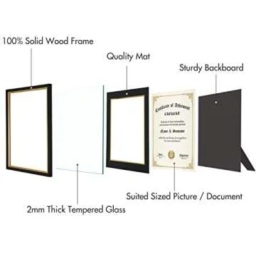 CREKERT Diploma Frame 11x14 Degree Frame Solid Wood Shatter-Resistant Glass for Documents Certificate Blackgold Frame 8.5x11 with Mat (Black Mat, 1 Pack)