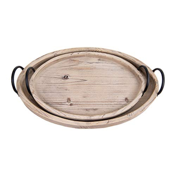 Round Decorative Wood Trays with Metal Handles Set