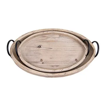 Round Decorative Wood Trays with Metal Handles Set