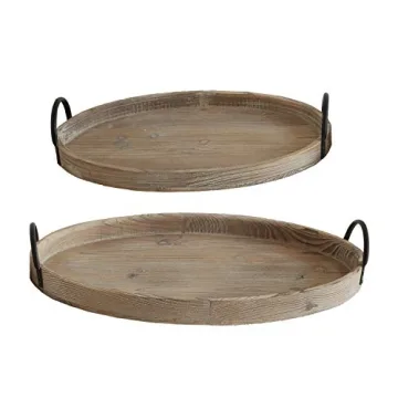 Round Decorative Wood Trays with Metal Handles Set