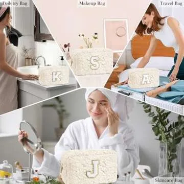 YOOLIFE Brithday Gifts for Women, Monogram Cosmetic Bag Letter Toiletry Travel Bag Teen Girls Gifts Trendy Stuff Daughter Gifts Girlfriend Gifts Birthday Gifts Valentines Day Gifts for Her (White M)