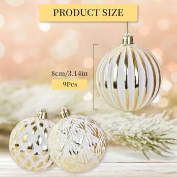 Mupera 9Pcs 3.15" Vintage Christmas Ball Ornaments, Unique Farmhouse Rustic Christmas Tree Decorations Shatterproof, White Gold Antique Distressed Traditional Style Hanging for Xmas Party Home Decor