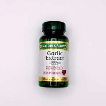 Nature's Bounty Garlic Extract 1000 mg, Promotes Heart Health and Cholesterol Support100 Rapid Release Softgels, contains Soybean oil, gelatin, vegetable glycerin.