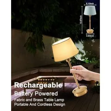 UMEXUS Cordless Lamp Rechargeable Table Lamps, 5000mAh Battery Operated Lights, 3 Level Brightness Dimmable, Portable Night Bedside Light for Patio, Restaurant, Dining, Fabric Shade, Antique Brass