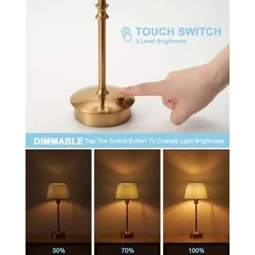 UMEXUS Cordless Lamp Rechargeable Table Lamps, 5000mAh Battery Operated Lights, 3 Level Brightness Dimmable, Portable Night Bedside Light for Patio, Restaurant, Dining, Fabric Shade, Antique Brass