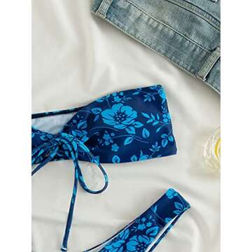 SOLY HUX Women's Print Bandeau Top and Tie Side Bikini Set 2 Piece Swimsuits Blue Floral L