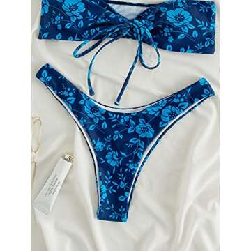 SOLY HUX Women's Print Bandeau Top and Tie Side Bikini Set 2 Piece Swimsuits Blue Floral L