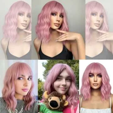 BERON 14 Inches Pink Wig for Women Girls Short Curly Synthetic Wig with Bangs Lovely Pink