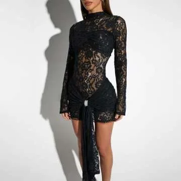 RanRui Black Long Sleeve lace Tops Women's Slim-fit Tunics Tie Waist Sheer mesh lace Mini Dress Hollow Out Bodycon Y2K Corset Dress Round Neck Hip-Wrapped Bodycon Party Dresses (Black,Medium)