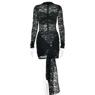 RanRui Black Long Sleeve lace Tops Women's Slim-fit Tunics Tie Waist Sheer mesh lace Mini Dress Hollow Out Bodycon Y2K Corset Dress Round Neck Hip-Wrapped Bodycon Party Dresses (Black,Medium)