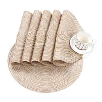 SHACOS 15 inch Round Braided Placemats Set of 6 Non Slip Heat Resistant Round Table Mats Washable Place Mats for Dinner Party Table Decoration (Beige, 6)