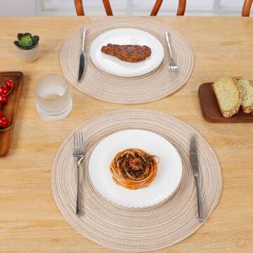 SHACOS 15 inch Round Braided Placemats Set of 6 Non Slip Heat Resistant Round Table Mats Washable Place Mats for Dinner Party Table Decoration (Beige, 6)