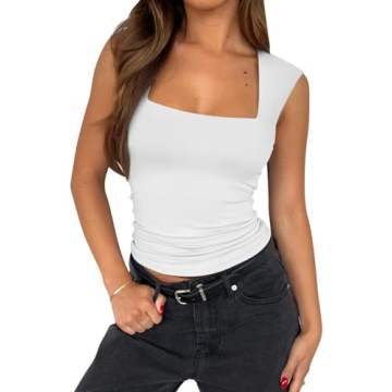 PINKMSTYLE Cute Double Lined Square Neck Tank Tops for Women Basic Summer Outfits Fitted Sleeveless ...
