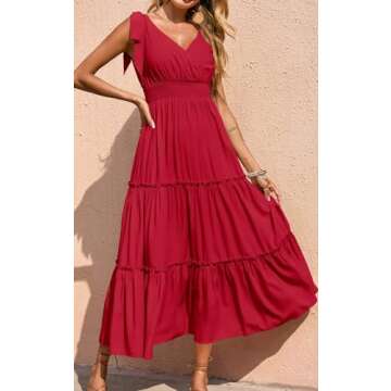 PRETTYGARDEN Women's Cross Neck Summer Sleeveless Tiered Maxi Dress Beach Tie Strap Smocked Long Dresses 2023 Pleated Sundress (Red,Medium)