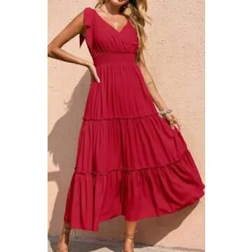 PRETTYGARDEN Women's Cross Neck Summer Sleeveless Tiered Maxi Dress Beach Tie Strap Smocked Long Dresses 2023 Pleated Sundress (Red,Medium)
