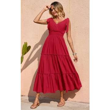 PRETTYGARDEN Women's Cross Neck Summer Sleeveless Tiered Maxi Dress Beach Tie Strap Smocked Long Dresses 2023 Pleated Sundress (Red,Medium)